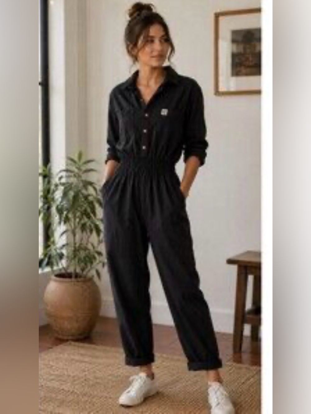 Lucy & Yak Women's Jumpsuit L Black 100% Cotton Straight Jumpsuit Retro Coverall